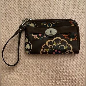 Fossil brown floral key per coated canvas wallet/wristlet